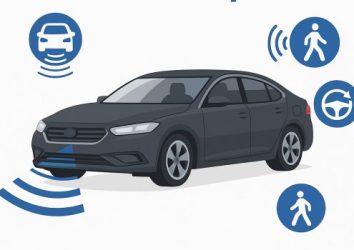 Illustration of a car with Advanced Driver Assistance System (ADAS) features including lane assist, pedestrian detection, and collision alerts.