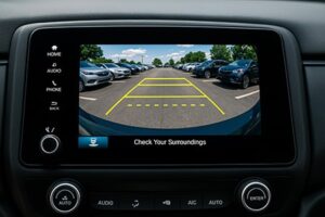 Rearview screen displaying a backup camera view with ADAS parking guidelines.
