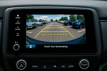 Rearview screen displaying a backup camera view with ADAS parking guidelines.