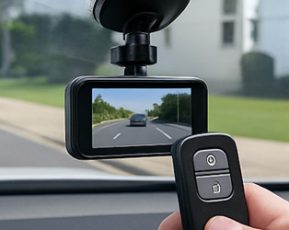 Installed dash camera with visible recording unit and a hand holding a modern car alarm remote.