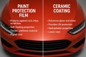 Side-by-side comparison of Paint Protection Film (PPF) and Ceramic Coating on a red car hood, highlighting differences in protection, gloss, cost, and features.