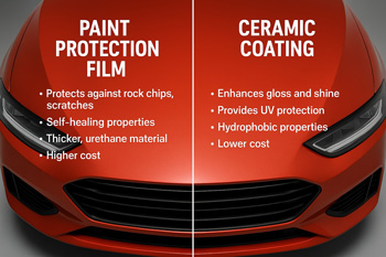 Side-by-side comparison of Paint Protection Film (PPF) and Ceramic Coating on a red car hood, highlighting differences in protection, gloss, cost, and features.