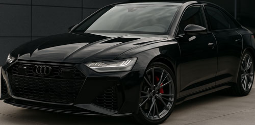 Glossy black luxury sports sedan with ceramic coating finish reflecting light