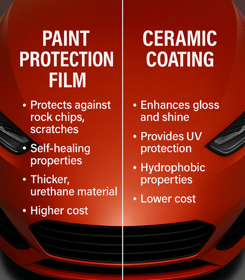 Paint Protection Film vs Ceramic Coating comparison chart – benefits, cost, and protection differences