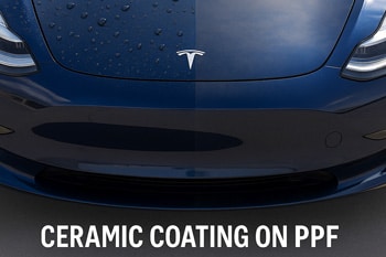 Side-by-side image of a Tesla hood showing ceramic coating over PPF on one side and plain PPF on the other, demonstrating gloss and water repellency.