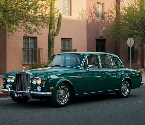 A vintage luxury car, possibly a 1960s Rolls Royce, glides through the sun-drenched streets of Tucson, Arizona. The car showcases a timeless elegance with chrome accents, classic fins, and a spacious interior. The window tint is dark, hinting at the privacy and luxury within. The streets are characterized by distinctive Southwestern architecture and vibrant colors. The car seems to move at a leisurely pace, capturing a sense of calm and vintage sophistication.