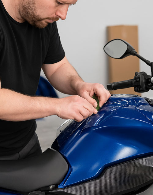 Technician installing XPEL Paint Protection Film on blue motorcycle fairing