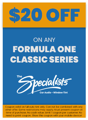 $20 off coupon for Formula One Classic Series window tint at The Specialists.