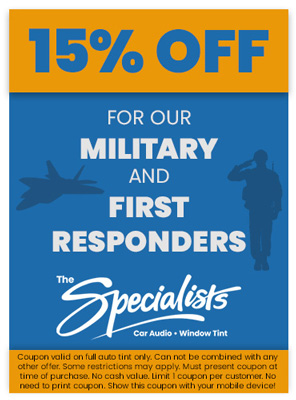 15% off window tint coupon for military and first responders from The Specialists.